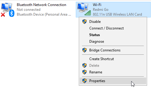 A screenshot showing the Network Connection options for a Wi-Fi hotspot connection in Windows 10