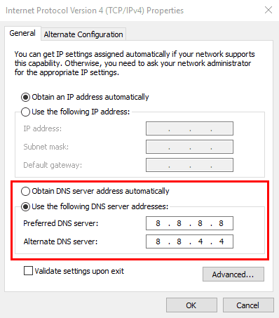 A screenshot showing the DNS server settings inside the TCP/IPv4 settings window in Windows 10