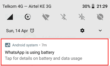 A screenshot showing the WhatsApp is using battery notification in an Android phone.