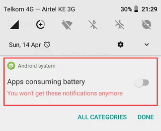 A screenshot showing the 'Apps consuming battery' notification in an Android phone.