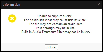 A screenshot of the audio capture error window in PotPlayer.
