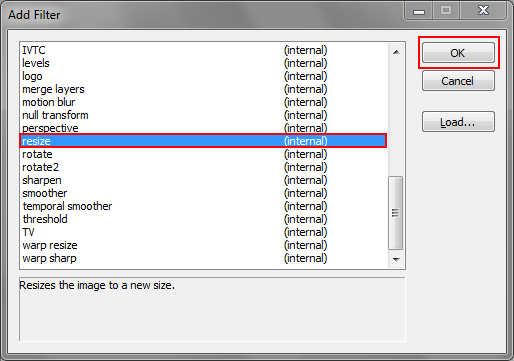 A screenshot of the filters window in VirtualDub.
