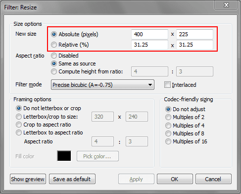 A screenshot of the video resize filter settings in VirtualDub.