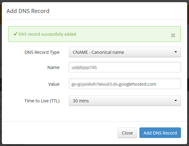 A screenshot of the Add DNS record in Ezoic dashboard.