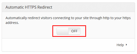 A screenshot showing the Automatic HTTPS Redirect option in Ezoic's dahsboard.