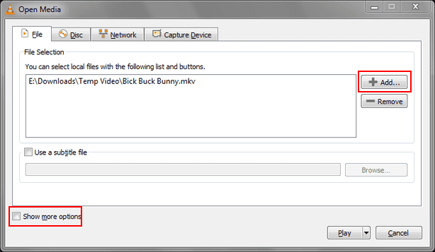 A screenshot shwoing the VLC open media window.