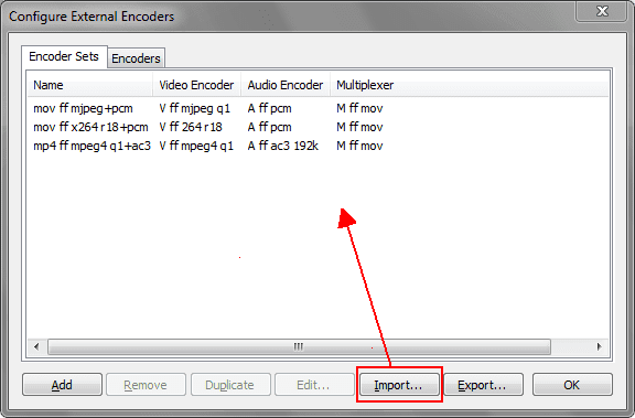 An image showing external encoders imported to VirtualDub.