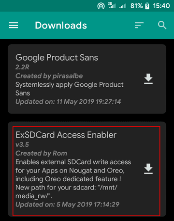 A screenshot showing the ExSDCard Access Enabler modules listed in Magisk Manager