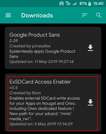 A screenshot showing the ExSDCard Access Enabler modules listed in Magisk Manager