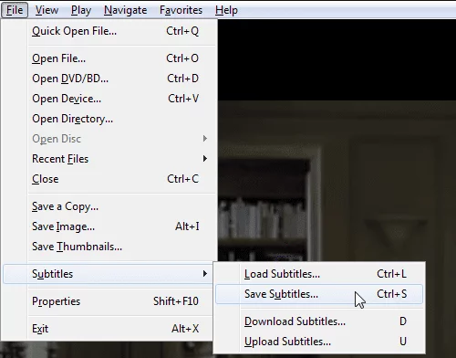 An image showing the save subtitle option in the File menu of MPC-HC.