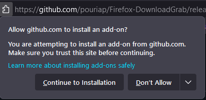 A screenshot of a firefox prompt to install an addon from GitHub.