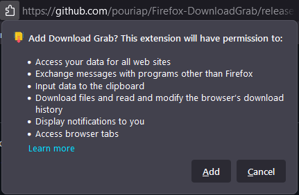 A screenshot of a prompt to add the Download Grab extension to Firefox.