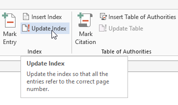 screenshot showing the Update index button in Microsoft word
