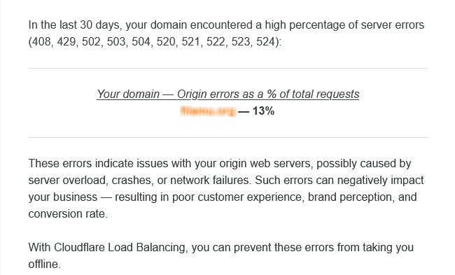 A screenshot of Cloudflare's server error reports email
