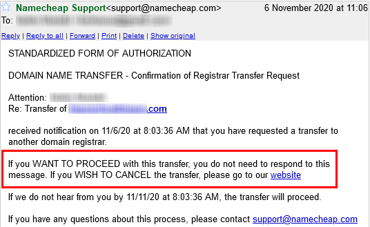 Namecheap domain transfer email confirmation