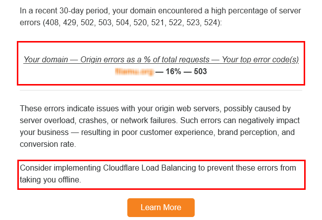 A screenshot of Cloudflare's  top server error codes report email