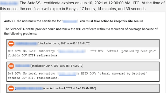 Screenshot showing cPanel AutoSSL certificate expiry error