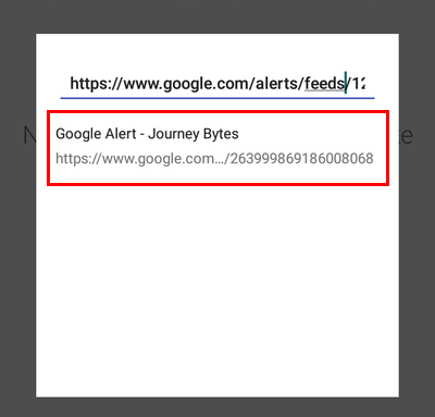 A screenshot showing a Google Alert RSS Url in Feeder