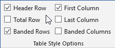 Screenshot showing Header row option