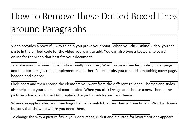 screenshot of a word document showing paragraphs with dotted borders