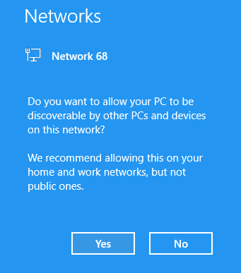 A screenshot of the network discoverability pop up in Windows 10.