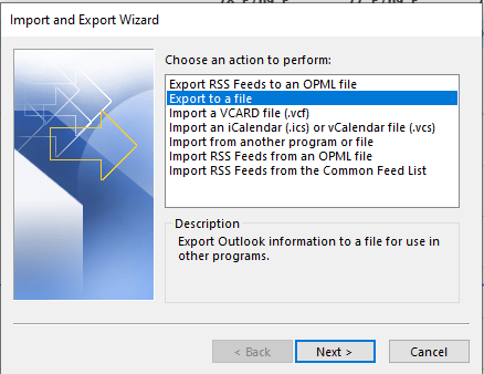 A screenshot showing the Import and Export wizard window in Outlook.