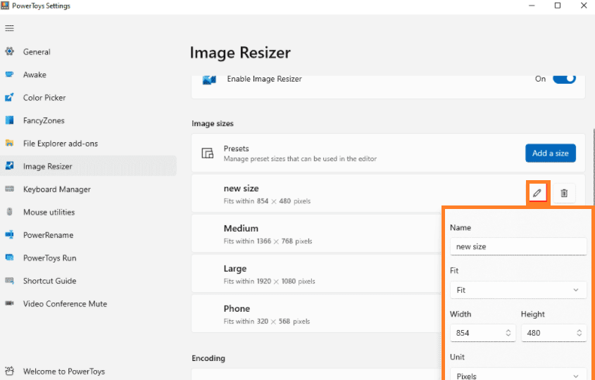 A screenshot showing  the additional settings in the PowerToys image resizer.