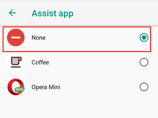 A screenshot showing the Assist App set to none in Android settings.