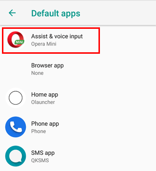 A screenshot showing the default apps settings in Android, with the Assist & voice input app highlighted.