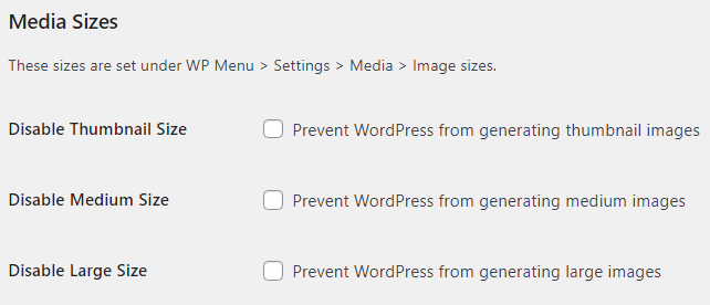 A screenshot showing the default image sizes on the Disable Media Sizes plugin.