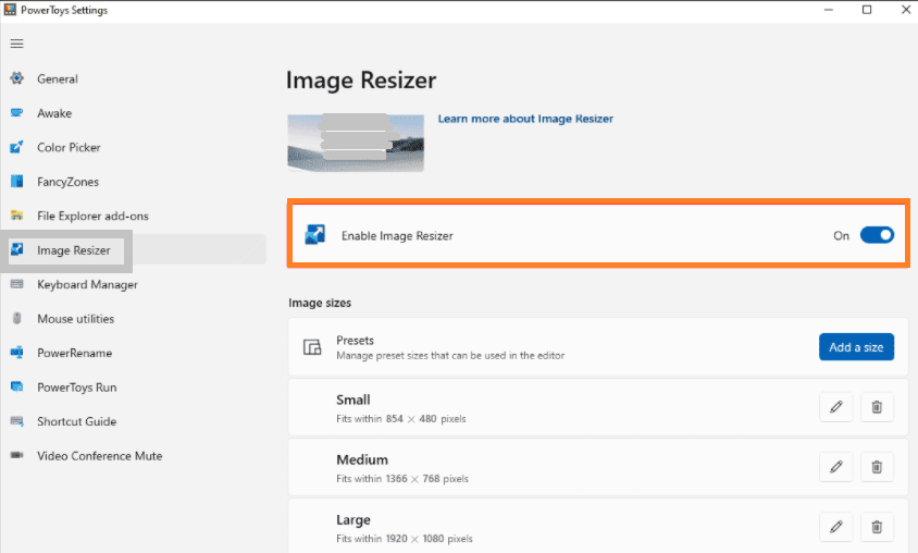 A screenshot showing how to enable the image resizer in PowerToys