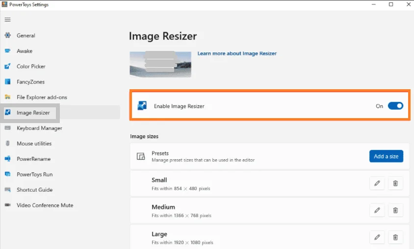 A screenshot showing how to enable the image resizer in PowerToys