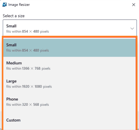 a screenshot showing the image resize presets in PowerToys' Image Resizer.