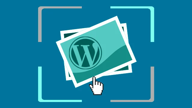 An iillustration of a photo with the Wordpress logo and a hand cursor overlaid.