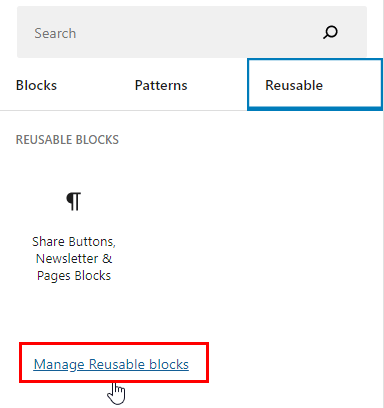 Am image showing the link to manage reusable blocks in the WordPress post editor.