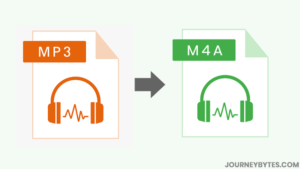 An illustration of an MP3 file icon being converted to a M4A icon.