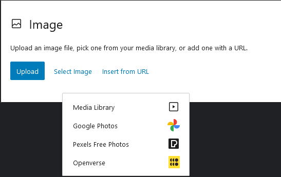 A screenshot showing the external media services in the WordPress image block
