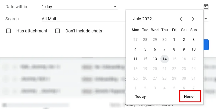 A screenshot of the date settings in Gmail's search filter options