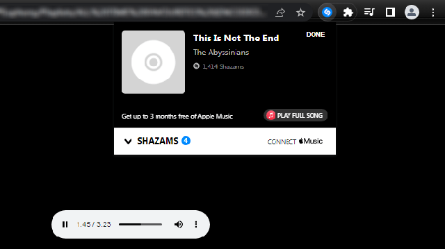 Screenshot of the Shazam extension on a Chrome browser identifying a song.