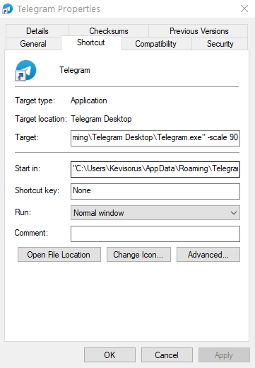 Screenshot of Telegram shortcut properties window. 