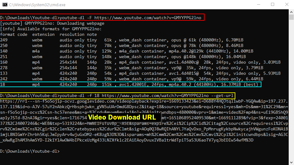 Screenshot of youtube-dl in the command prompt having fetched all available video formats.