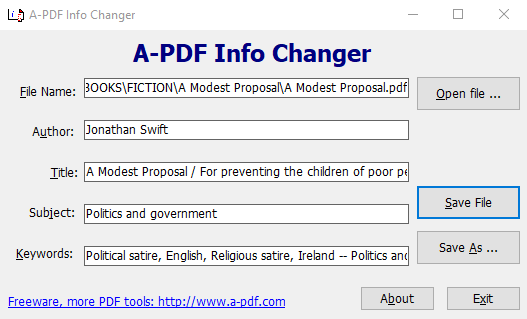 A screenshot of A-PDF Info Changer window showing a PDF file's metadata.