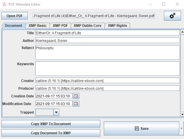 A screenshot of PDF Metadata Editor main window.