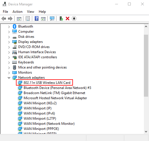Screenshot of the device manager with the WIFI adapter highlighted.