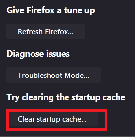 Screenshot of Firefox clear startup cache option.