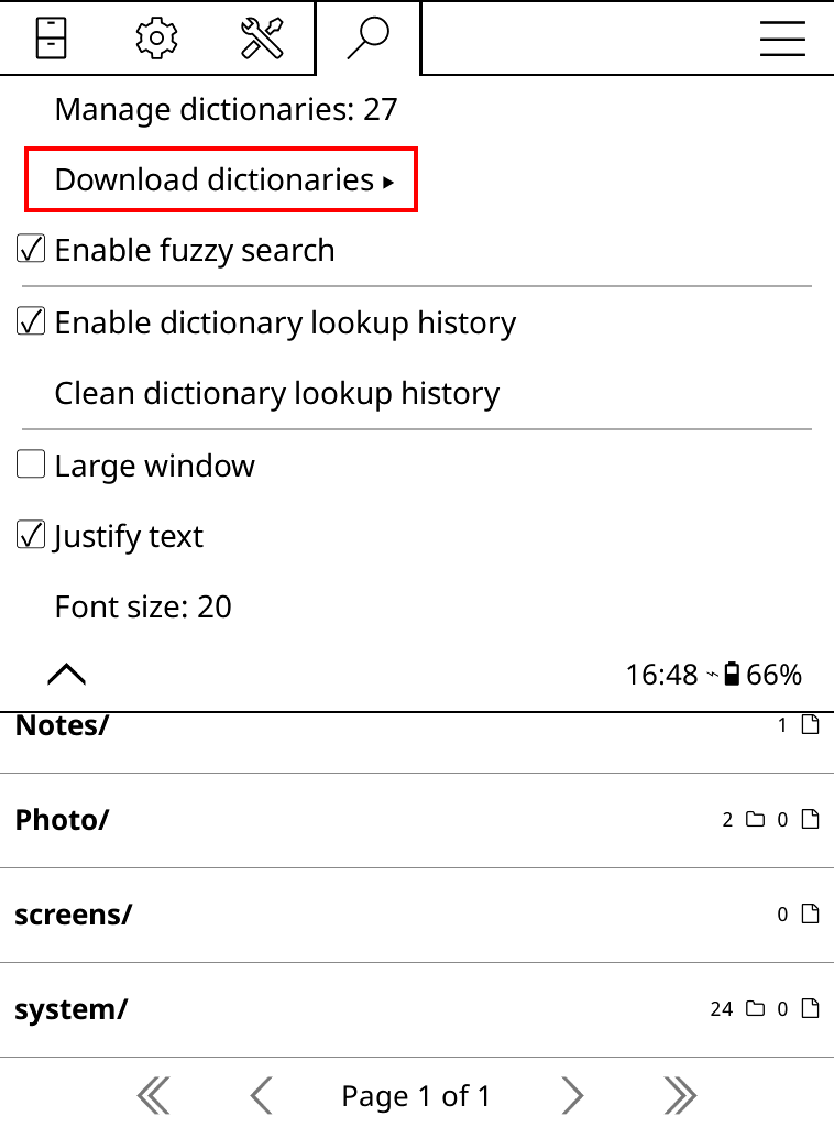 Screenshot of KOreader dictionary options.