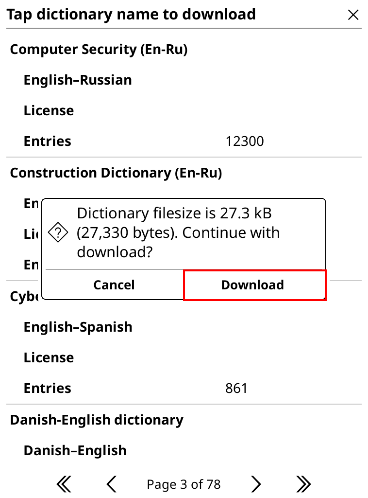 Screenshot of the dictionary download pop-up in KOReader.