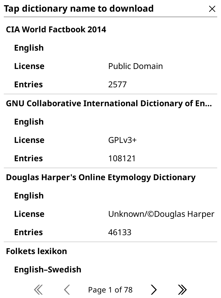 Screenshot of dictionaries available for download in KOReader.