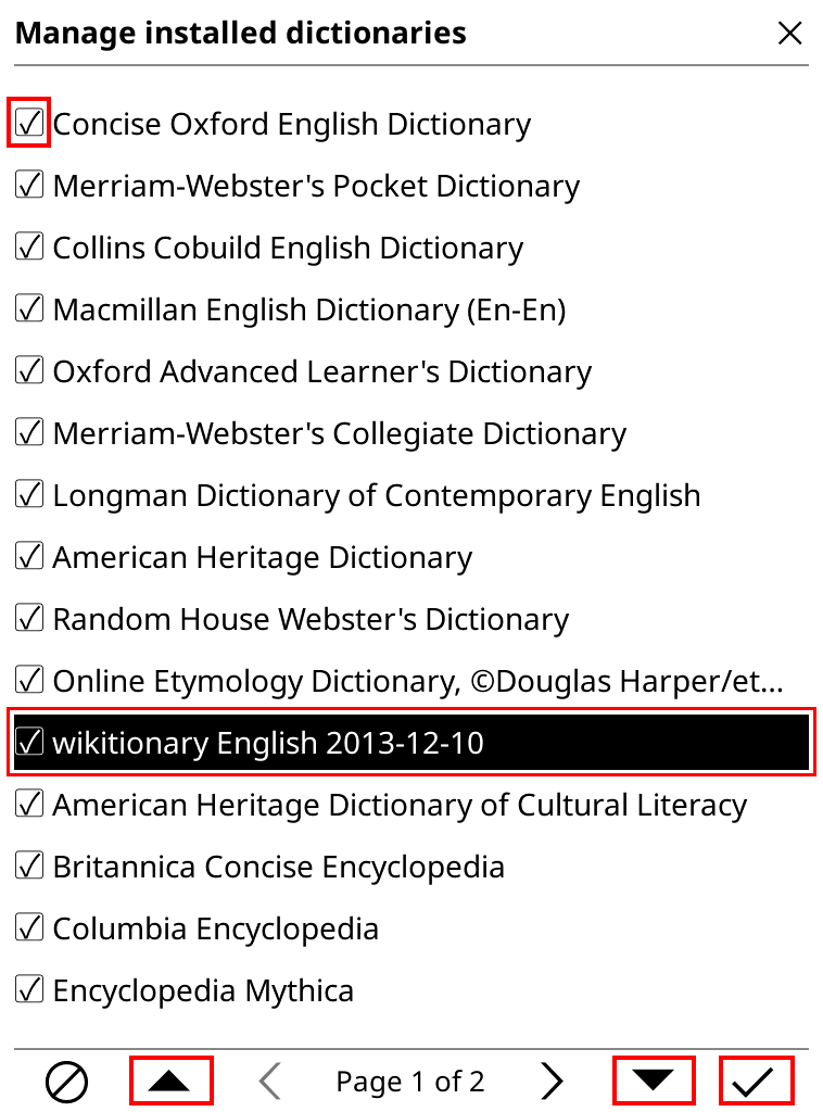 Screenshot of installed dictionaries in KOReader.