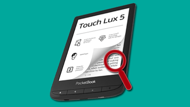 Image of a PocketBook Lux 5 overlaid by a search icon.
